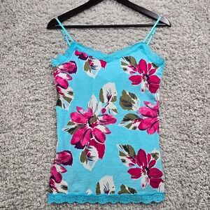 Aeropostale Womens Floral Lace Trim Cami Top Blue Size L‎ Y2K Build in Bra